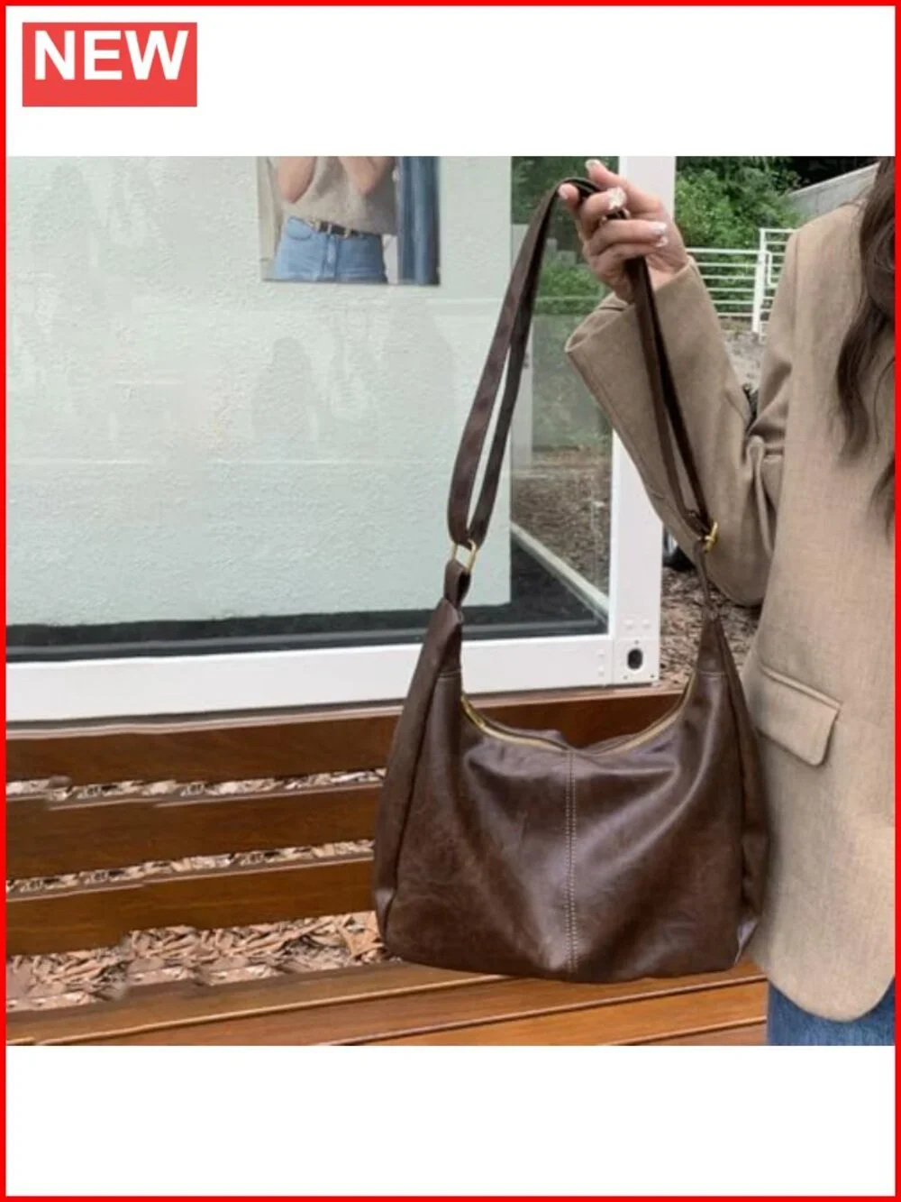 Large Slouchy Hobo Bag with Zipper PU Leather Shoulder Bag Commuting